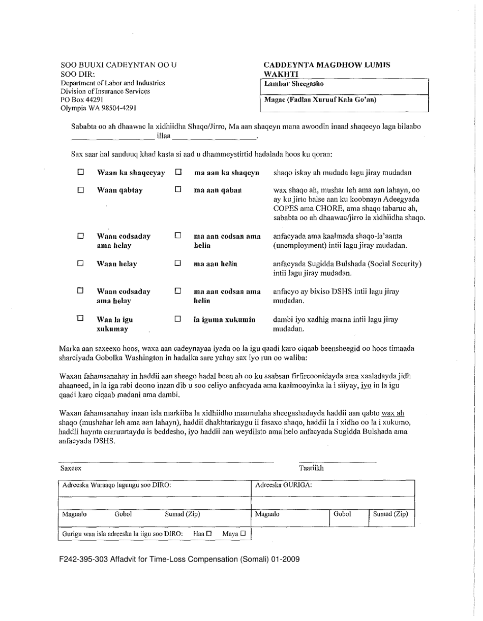 Form F242-395-303 Affidavit for Time Loss Compensation Benefits - Washington (Somali), Page 1