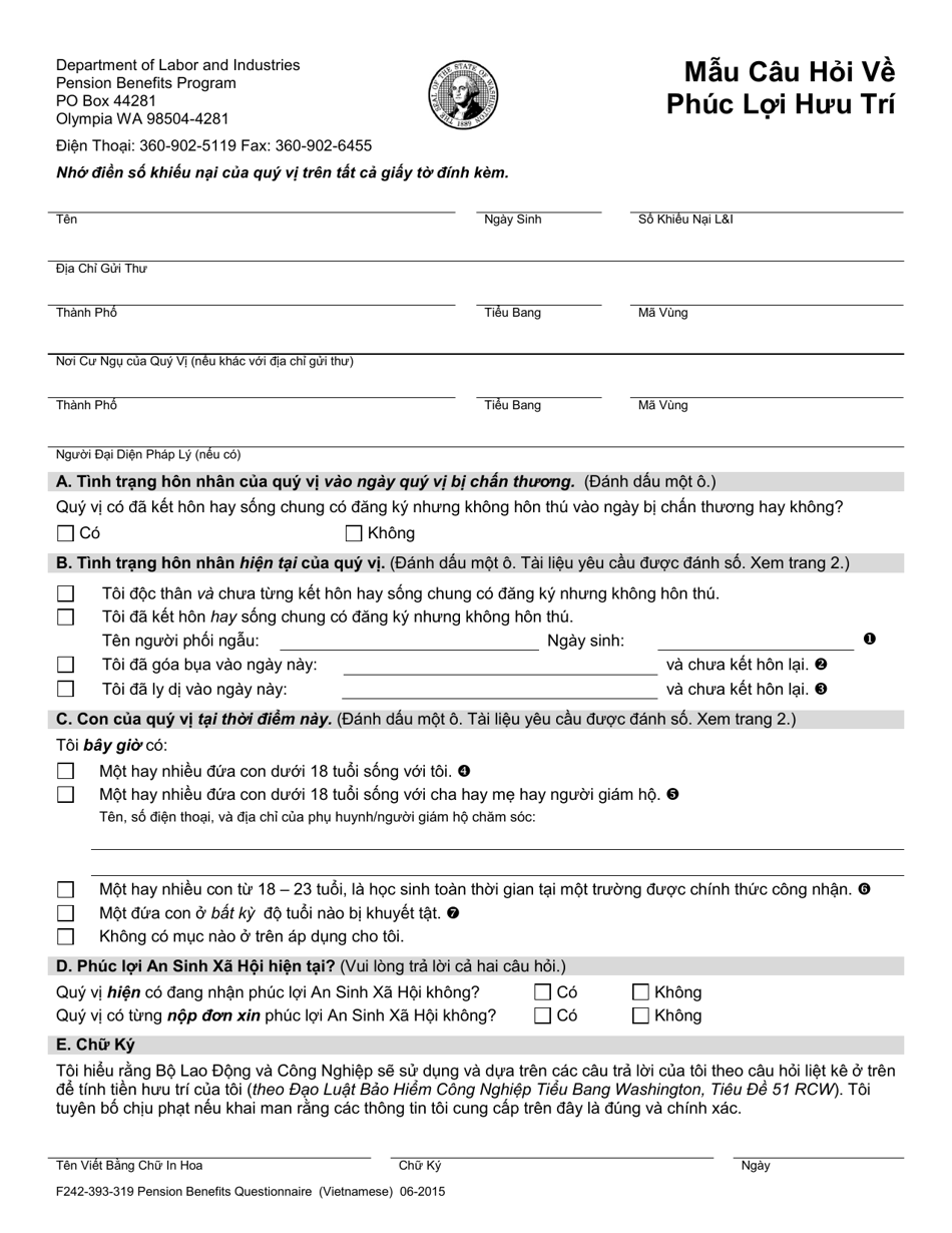 Form F242-393-319 Pension Benefits Questionnaire - Washington (Vietnamese), Page 1