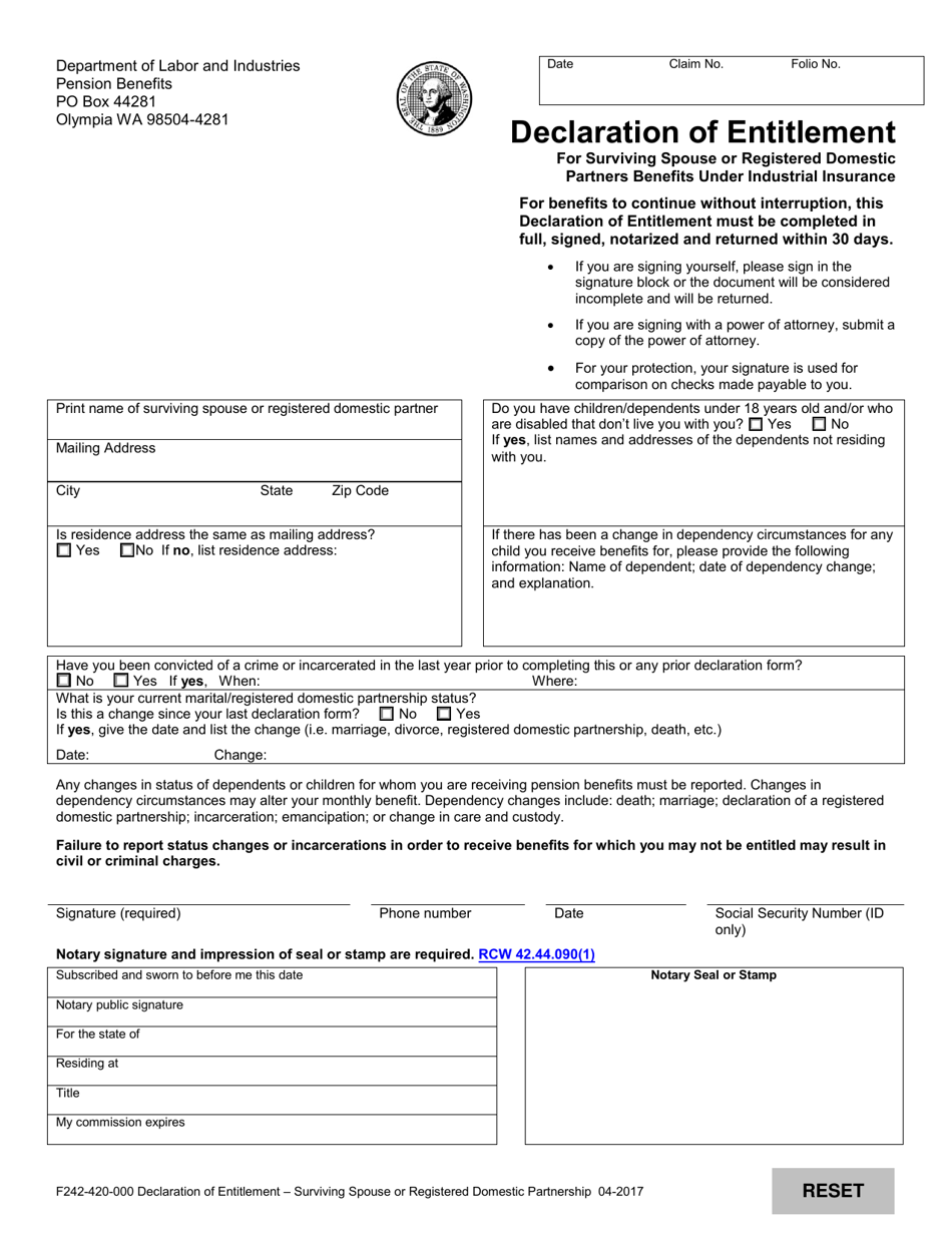 Form F242-420-000 Declaration of Entitlement for Surviving Spouse or Registered Domestic Partners Benefits Under Industrial Insurance - Washington, Page 1