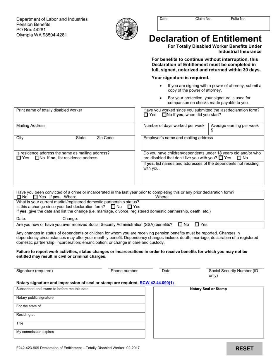 Form F242-423-909 Declaration of Entitlement for Totally Disabled Worker Benefits Under Industrial Insurance - Washington, Page 1