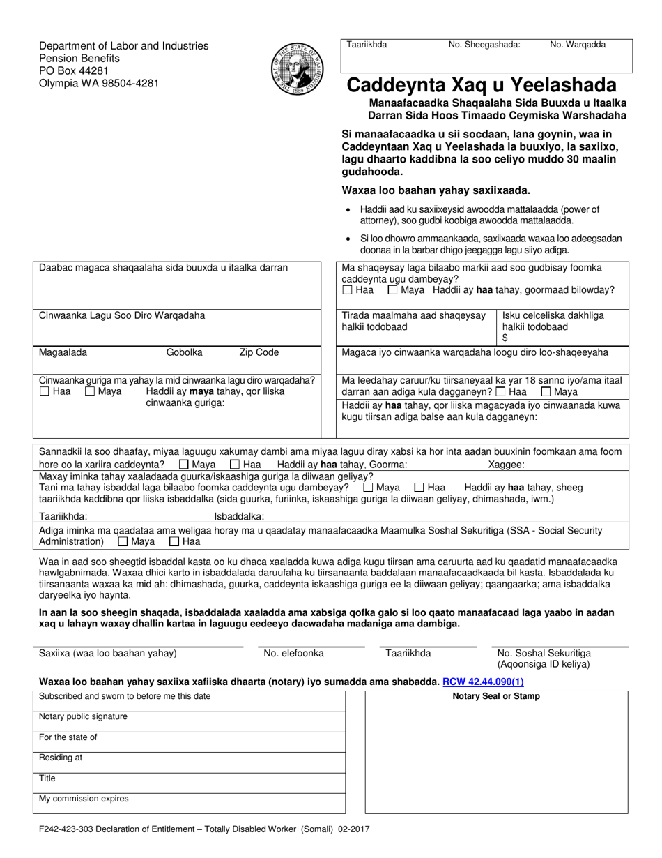 Form F242-423-303 Declaration of Entitlement for Totally Disabled Worker Benefits Under Industrial Insurance - Washington (Somali), Page 1