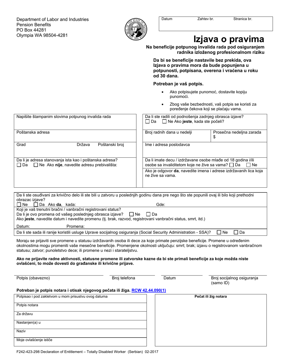 Form F242-423-298 Declaration of Entitlement for Totally Disabled Worker Benefits Under Industrial Insurance - Washington (Serbian), Page 1