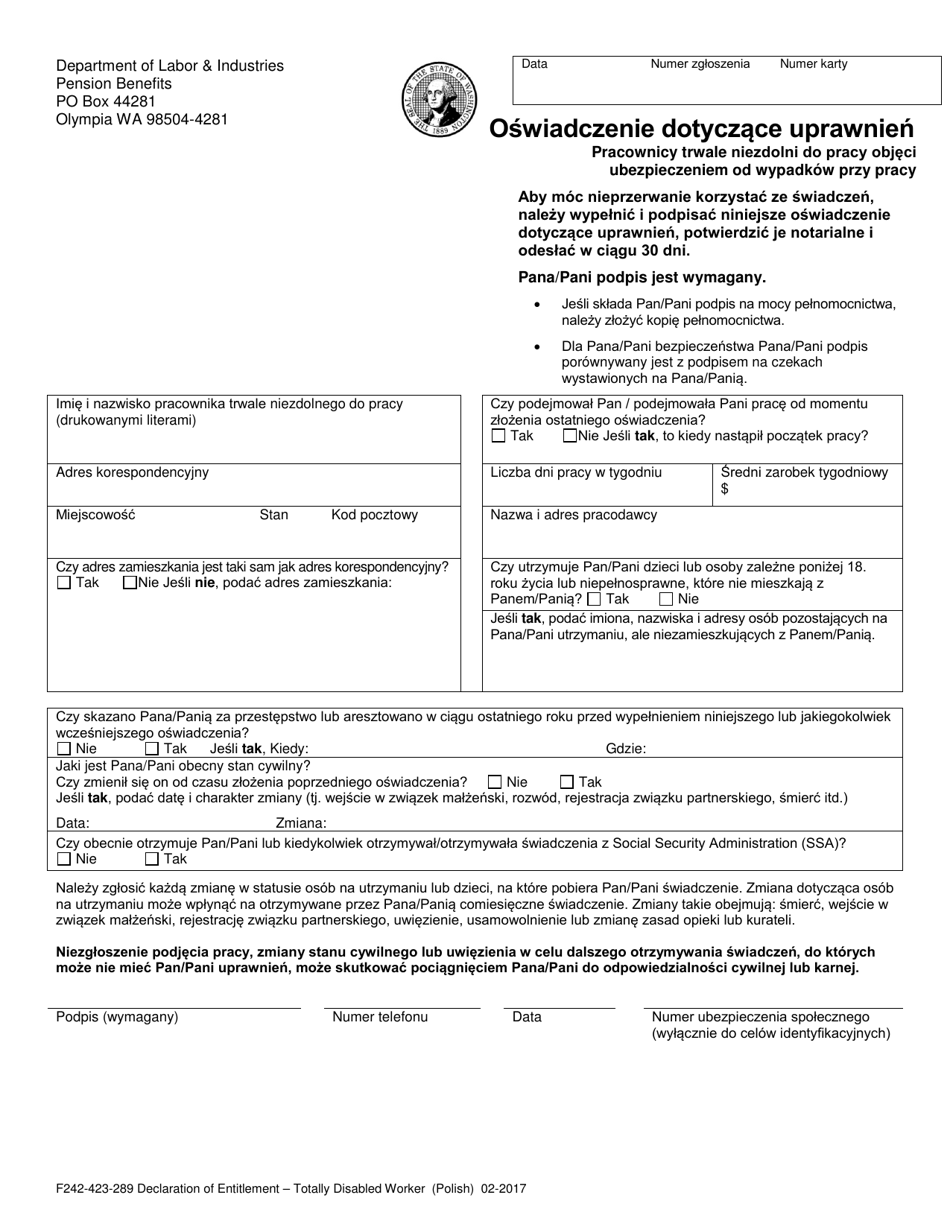 Form F242-423-289 Declaration of Entitlement for Totally Disabled Worker Benefits Under Industrial Insurance - Washington (Polish), Page 1