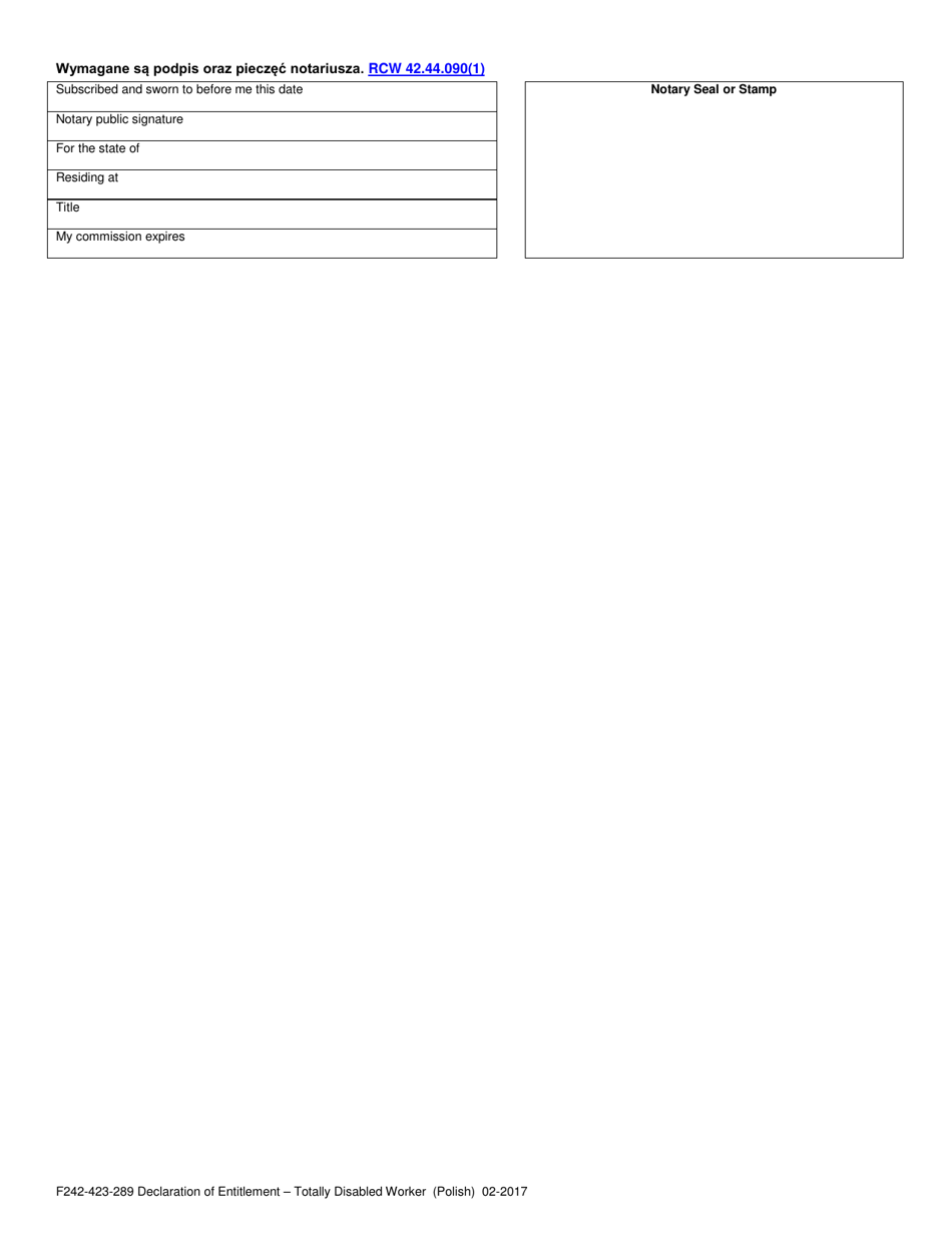 Form F242-423-289 Declaration of Entitlement for Totally Disabled Worker Benefits Under Industrial Insurance - Washington (Polish), Page 2