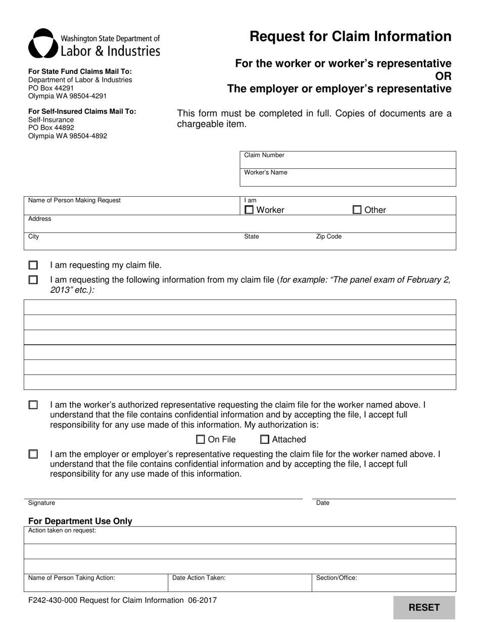 Form F242-430-000 Request for Claim Information - Washington, Page 1