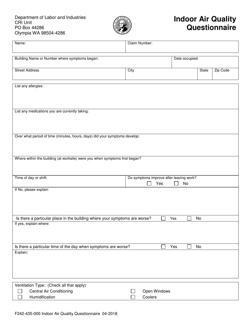 Form F242-435-000 Indoor Air Quality Questionnaire - Washington, Page 1