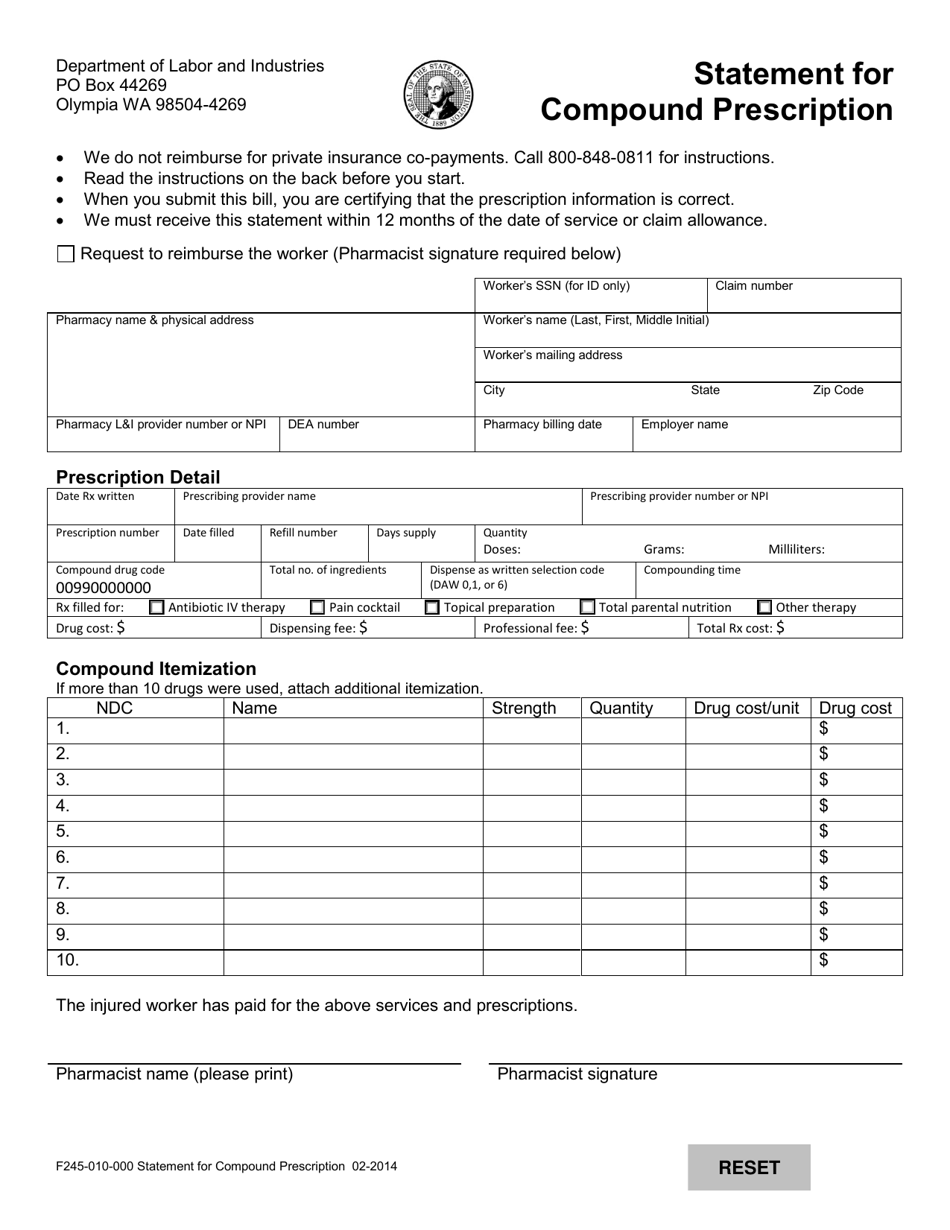 Form F245-010-000 Statement for Compound Prescription - Washington, Page 1