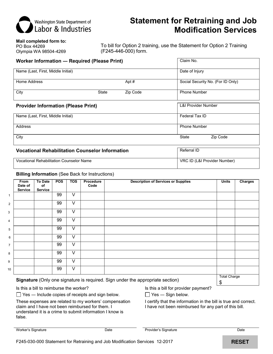 Form F245-030-000 Statement for Retraining and Job Modification Services - Washington, Page 1