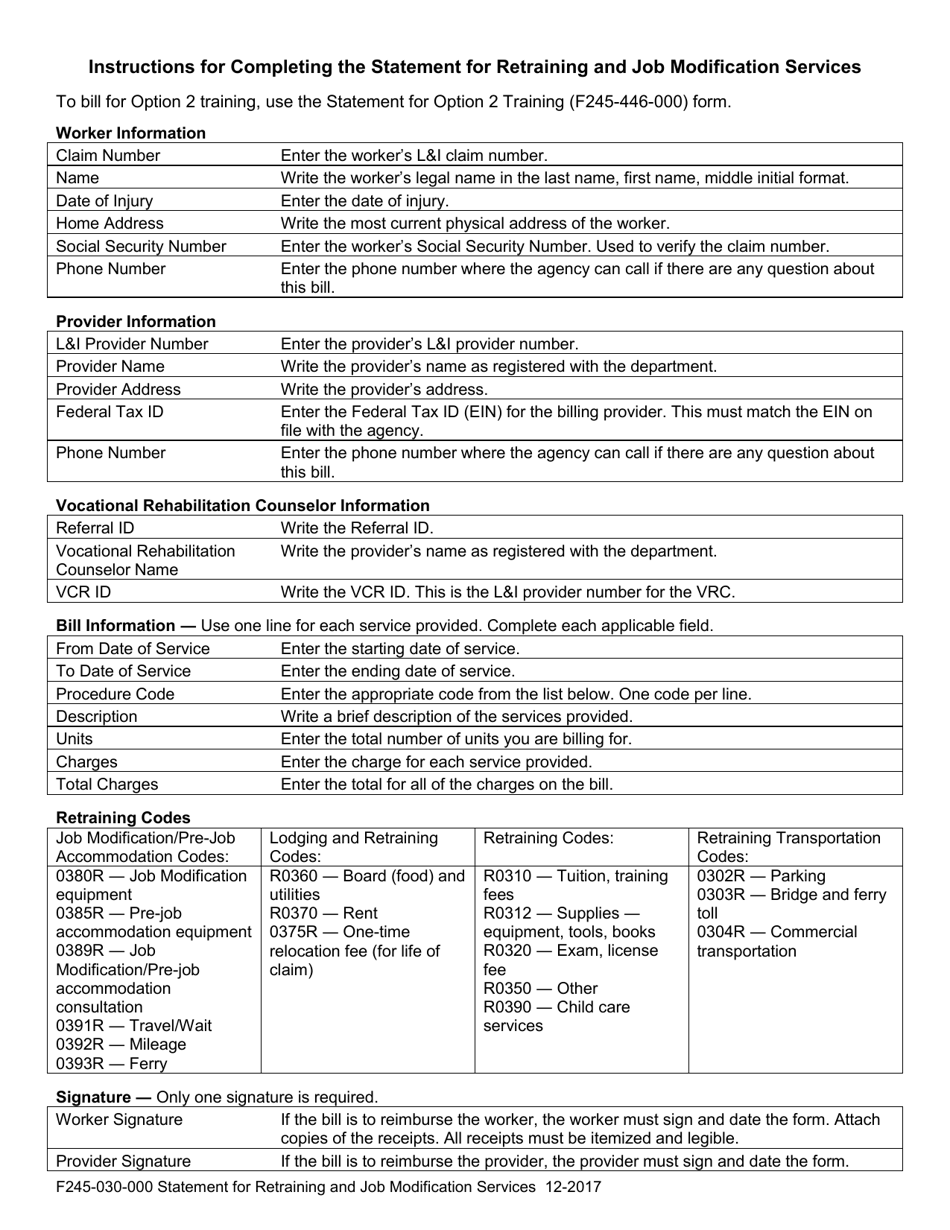 Form F245-030-000 Statement for Retraining and Job Modification Services - Washington, Page 2