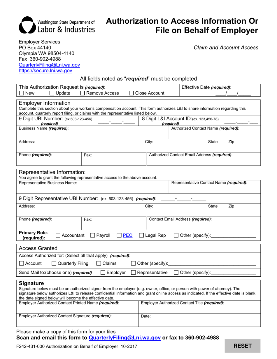 Form F242-431-000 Authorization to Access Information or File on Behalf of Employer - Washington, Page 1