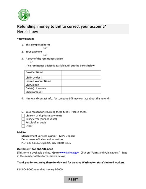 Form F245-043-000 Refund Notification - Refunding Money to L&i to Correct Your Account? - Washington