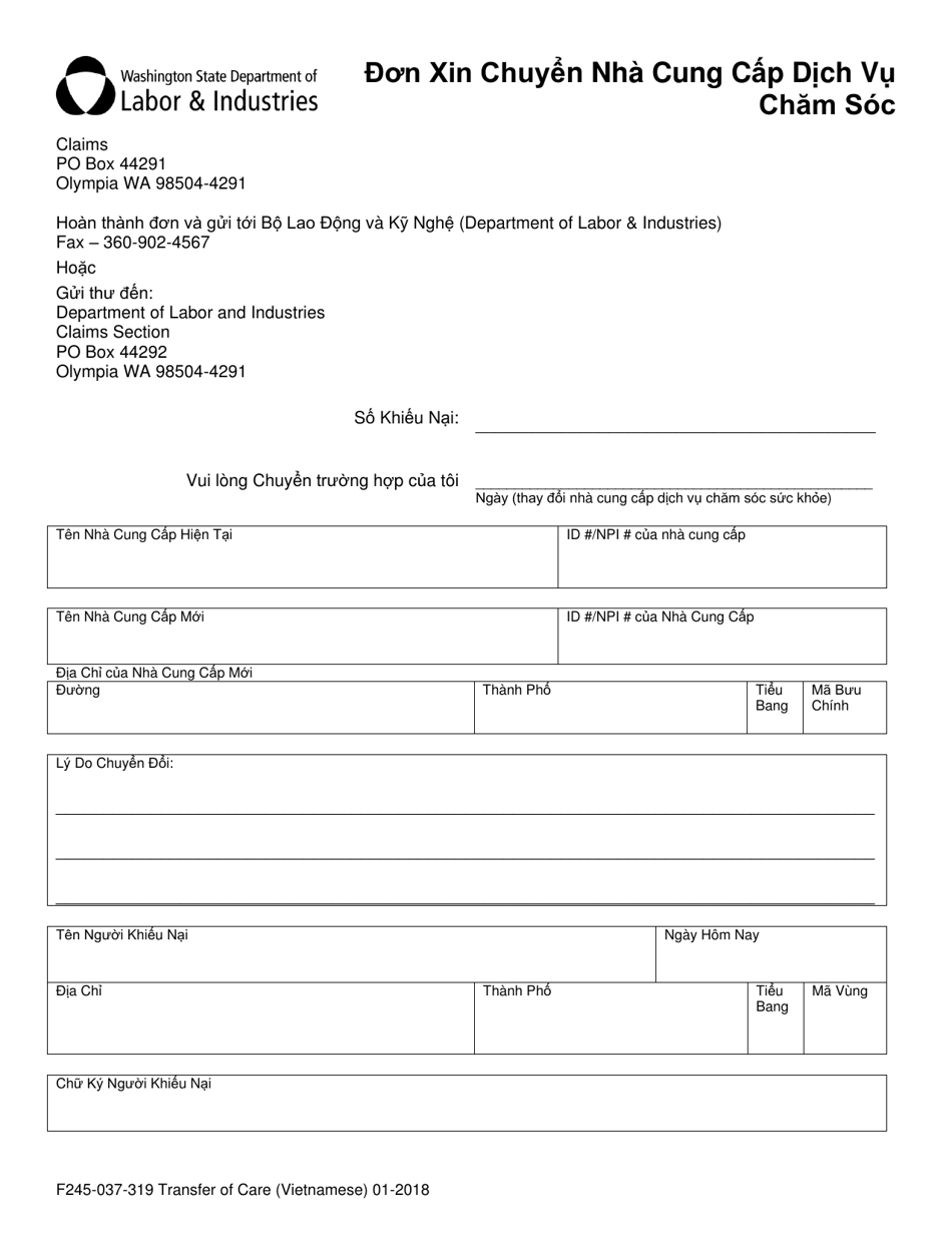 Form F245-037-319 Transfer of Care - Washington (Vietnamese), Page 1