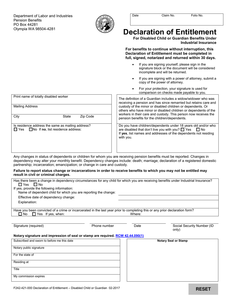 Form F242-421-000 Declaration of Entitlement for Disabled Child or Guardian Benefits Under Industrial Insurance - Washington, Page 1