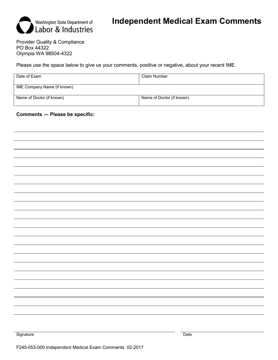 Form F245-053-000 Independent Medical Exam Comments - Washington, Page 1