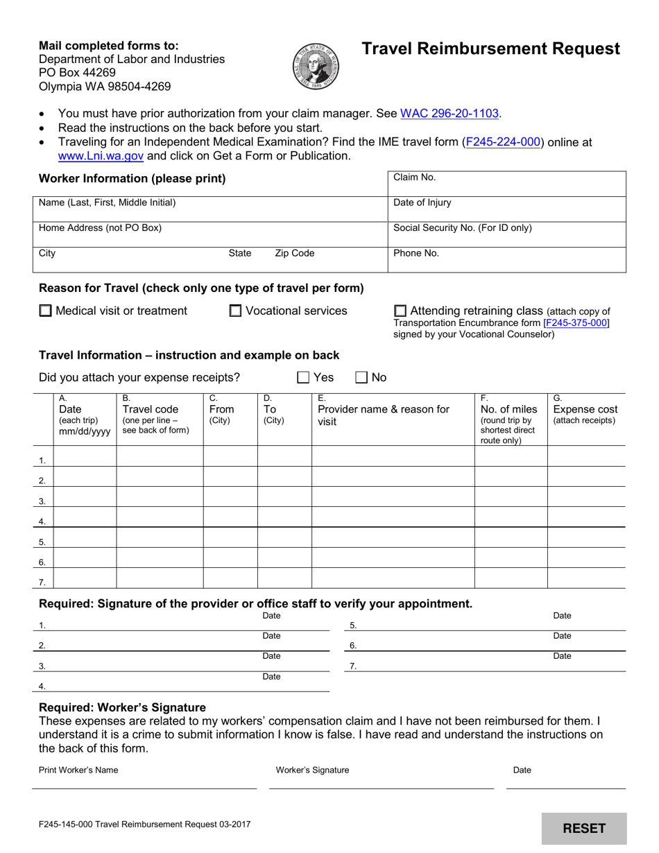 Form F245-145-000 Travel Reimbursement Request - Washington, Page 1