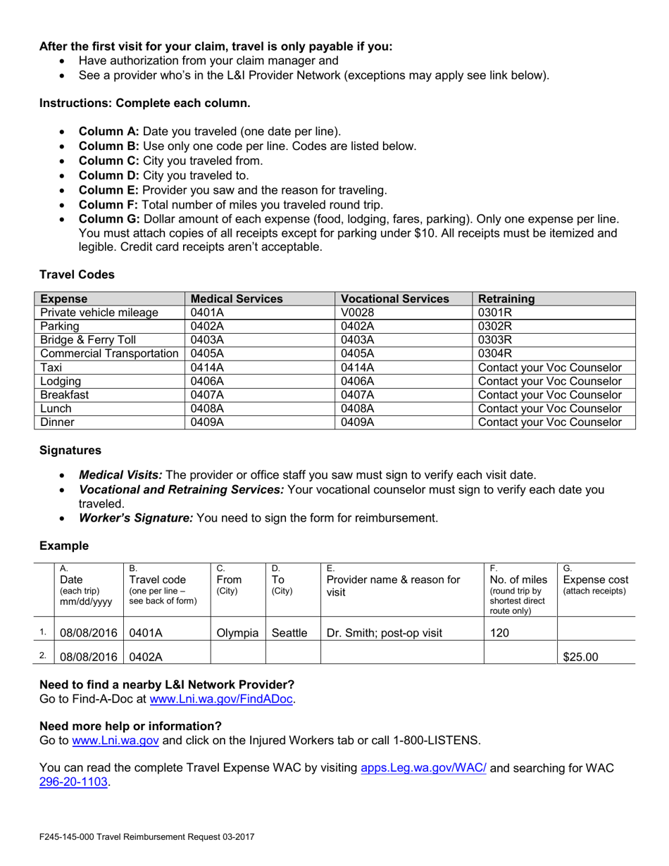 Form F245-145-000 Travel Reimbursement Request - Washington, Page 2