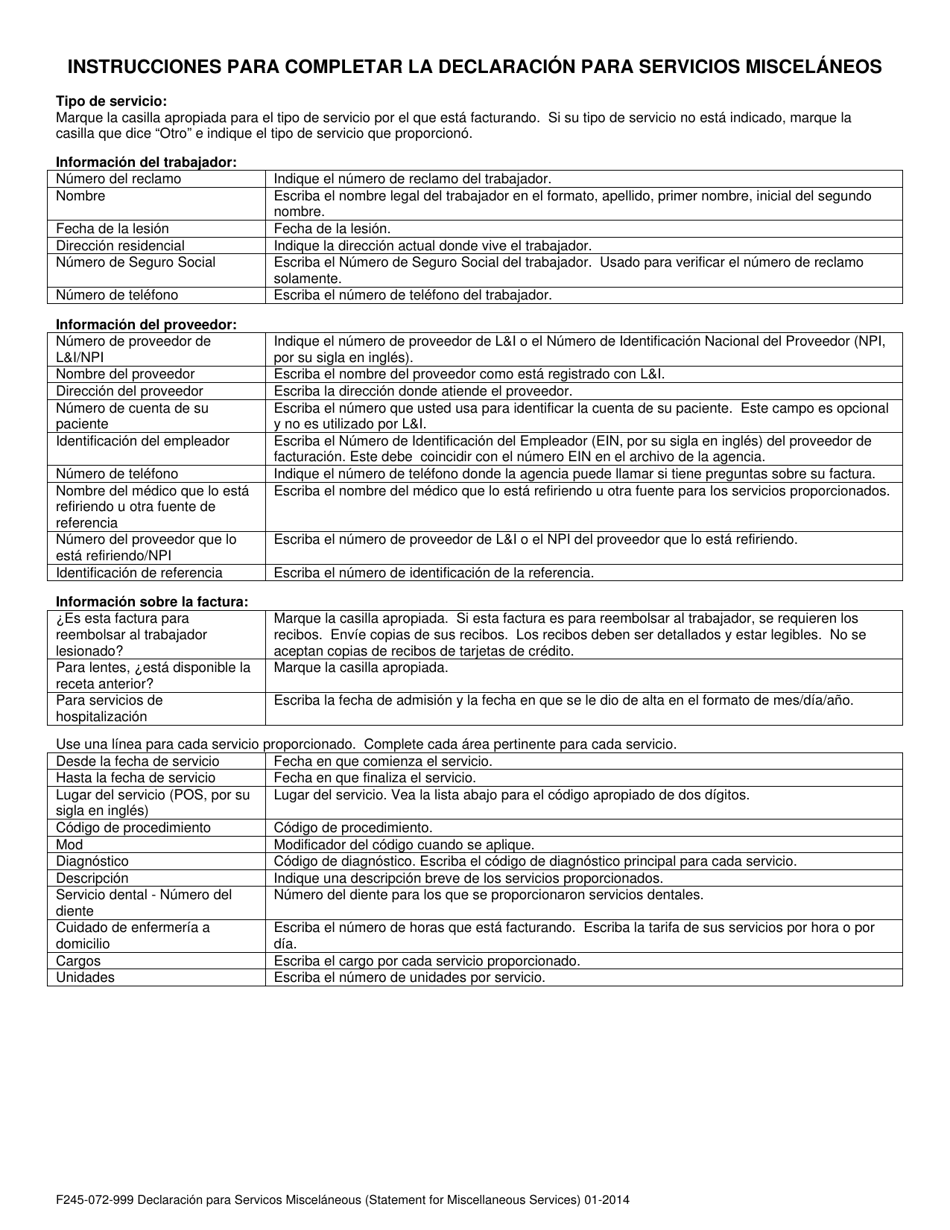 Formulario F245-072-999 Declaracion Para Servicios Miscelaneos - Washington (Spanish), Page 2