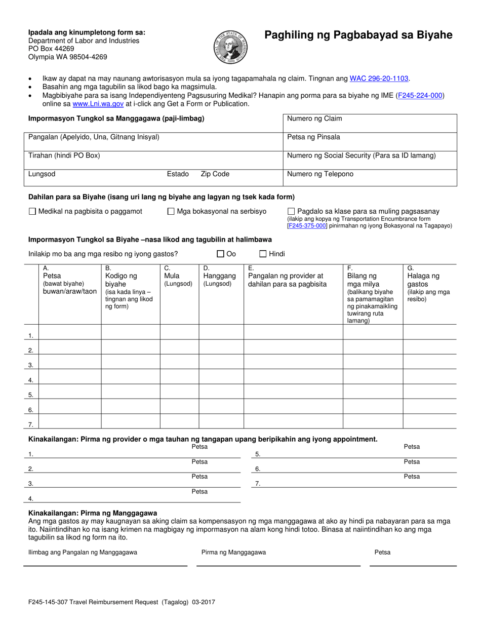 Form F245-145-307 Travel Reimbursement Request - Washington (Tagalog), Page 1