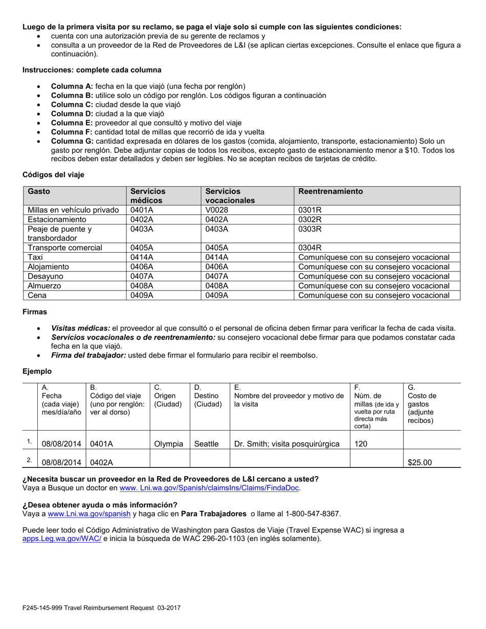 Formulario F245-145-999 Solicitud De Reembolso Por Gastos De Viaje - Washington (Spanish), Page 2