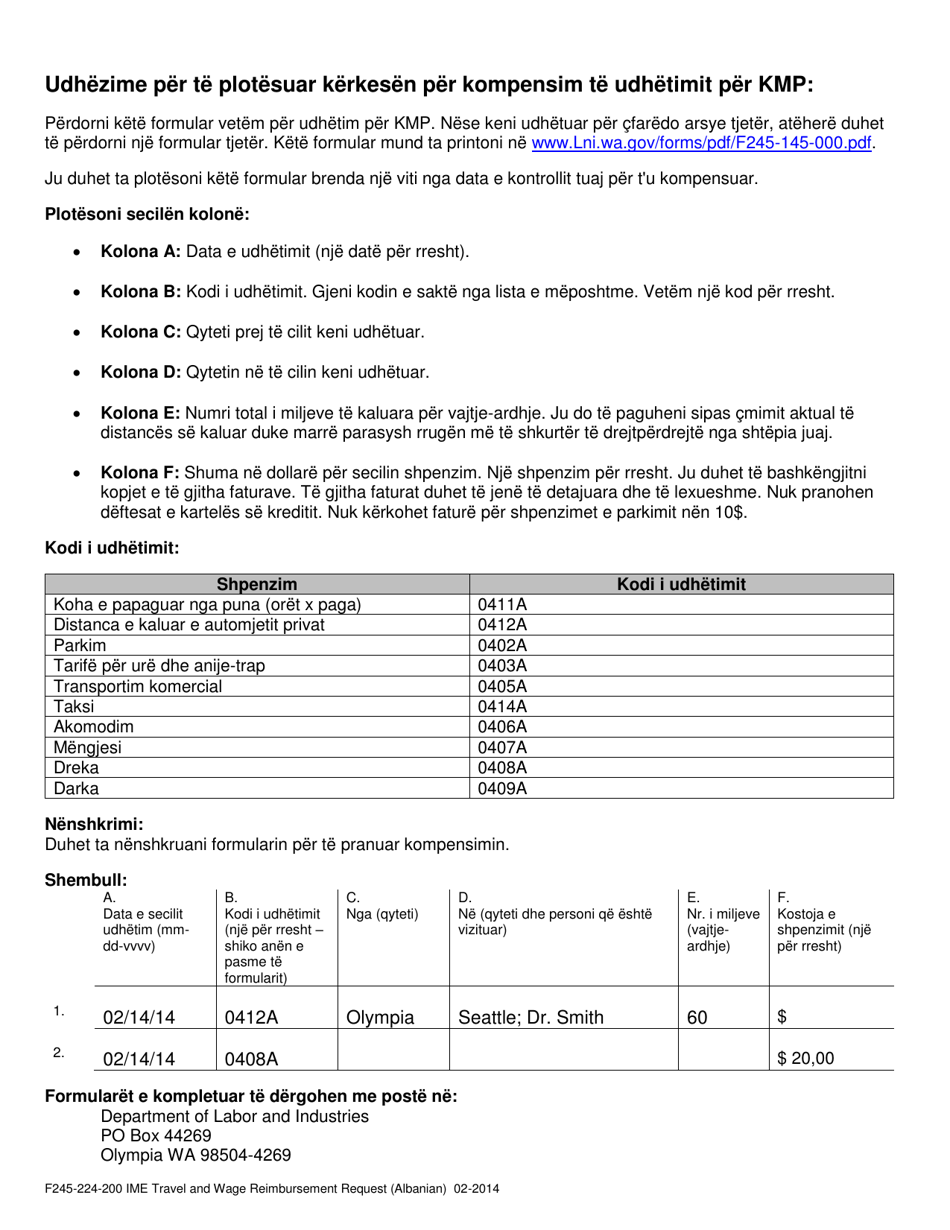 Form F245-224-200 Independent Medical Exam (Ime) Travel and Wage Reimbursement Request - Washington (Albanian), Page 4