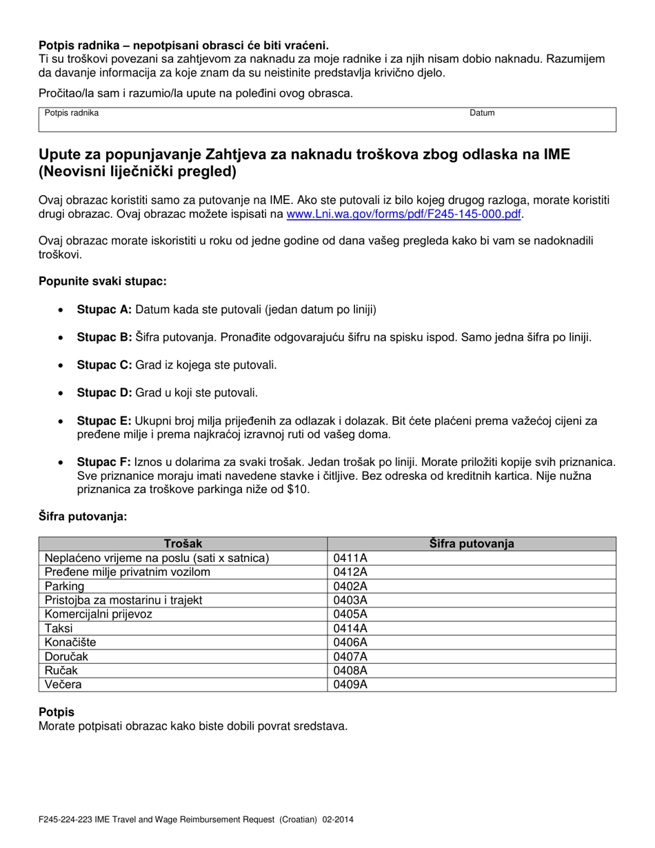 Form F245-224-223 Independent Medical Exam (Ime) Travel and Wage Reimbursement Request - Washington (Croatian), Page 4