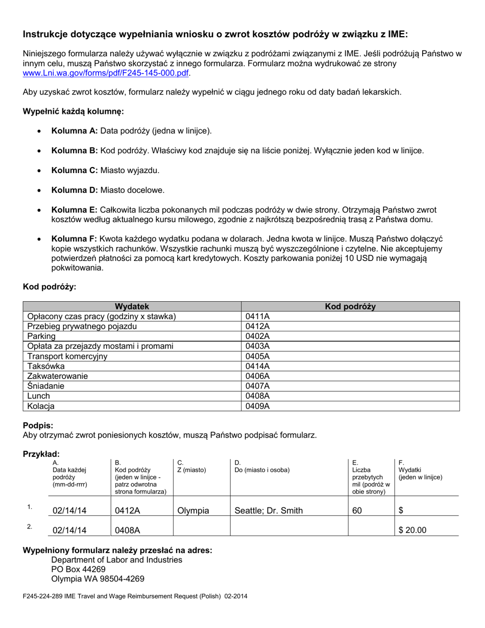 Form F245-224-289 Independent Medical Exam (Ime) Travel and Wage Reimbursement Request - Washington (Polish), Page 4