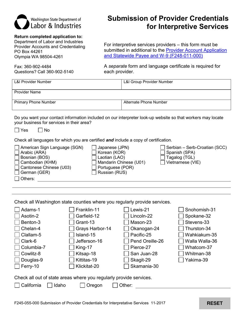 Form F245-055-000 Submission of Provider Credentials for Interpretive Services - Washington, Page 1