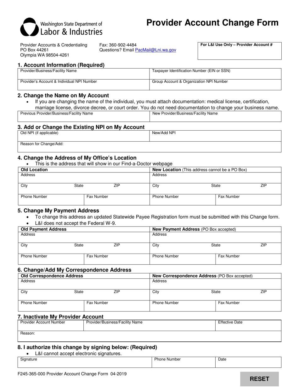 Form F245-365-000 Provider Account Change Form - Washington, Page 1