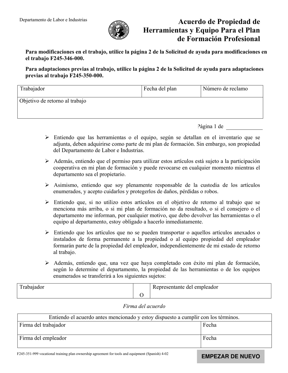 Formulario F245-351-999 Acuerdo De Propiedad De Herramientas Y Equipo Para El Plan De Formacion Profesional - Washington (Spanish), Page 1