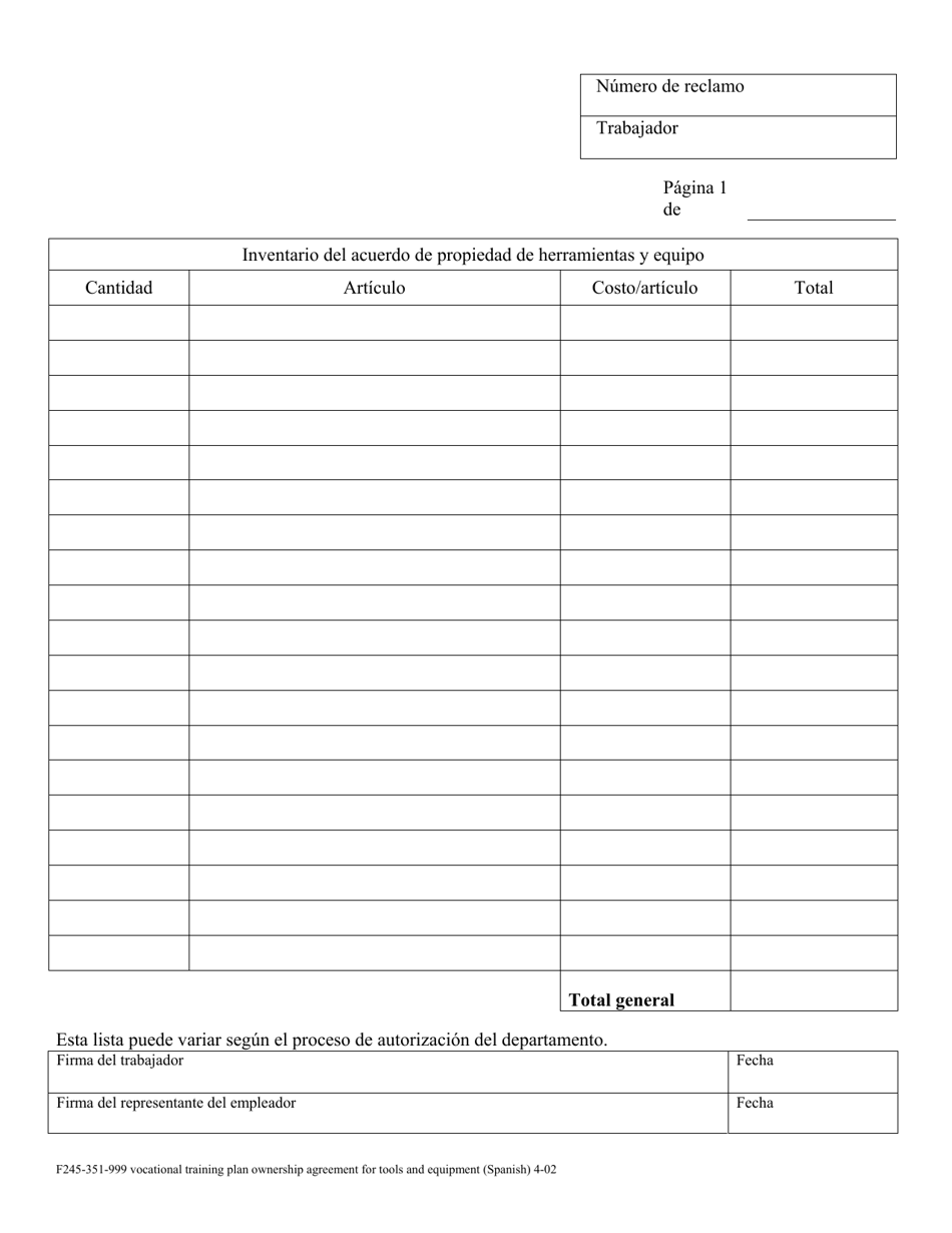 Formulario F245-351-999 Acuerdo De Propiedad De Herramientas Y Equipo Para El Plan De Formacion Profesional - Washington (Spanish), Page 2
