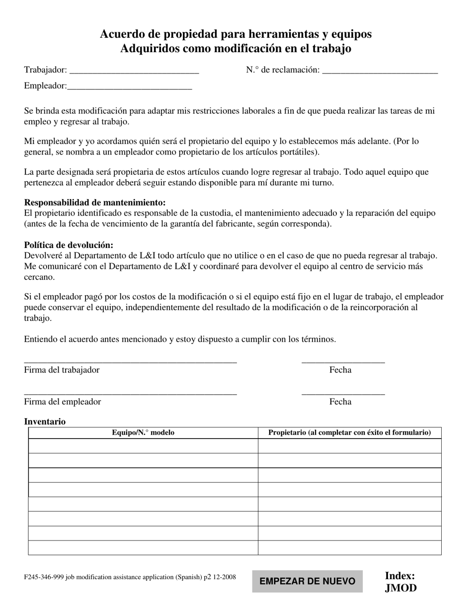 Formulario F245-346-999 Modificacion En El Trabajo Solicitud De Asistencia - Washington (Spanish), Page 2
