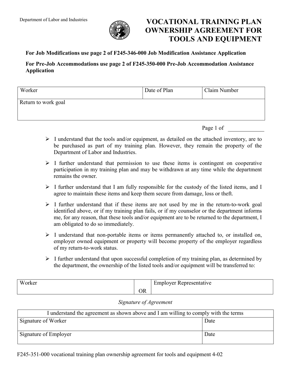 Form F245-351-000 Vocational Training Plan Ownership Agreement for Tools and Equipment - Washington, Page 1