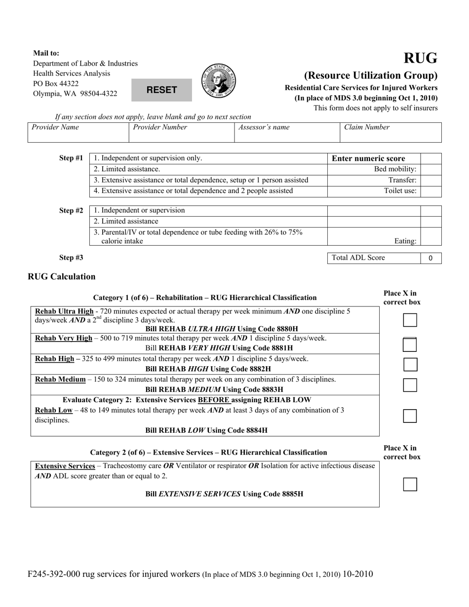 Form F245-392-000 Rug (Resource Utilization Group) Residential Care Services for Injured Workers - Washington, Page 1