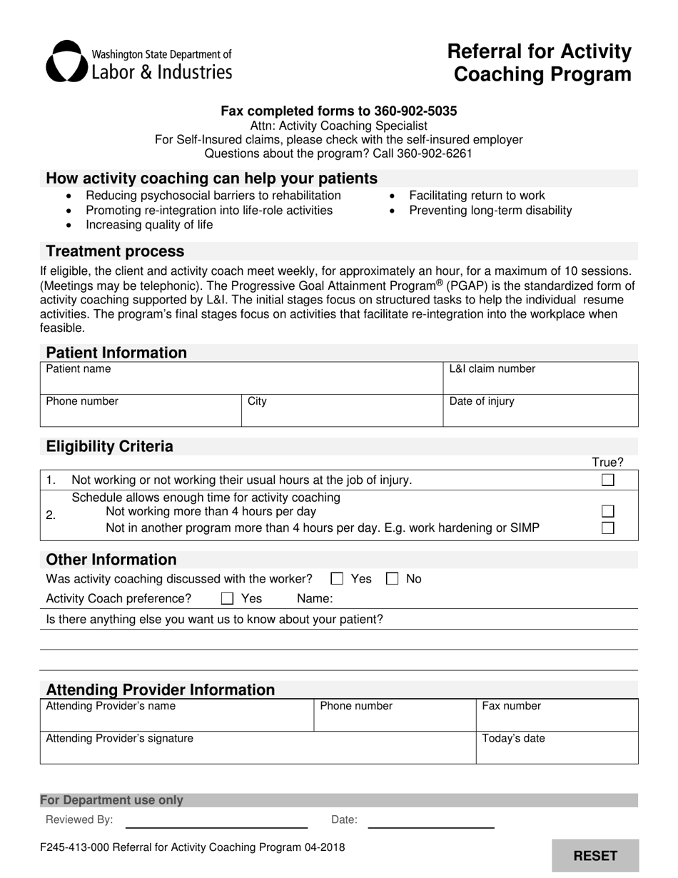 Form F245-413-000 Referral for Activity Coaching Program - Washington, Page 1