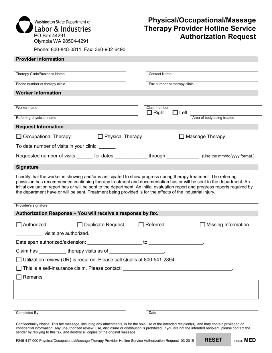 Form F245-417-000 Physical / Occupational / Massage Therapy Provider Hotline Service Authorization Request - Washington, Page 1