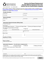 Document preview: Form F245-418-000 Hearing Aid Repair/Replacement Durable Medical Equipment Provider Hotline Service Authorization Request - Washington