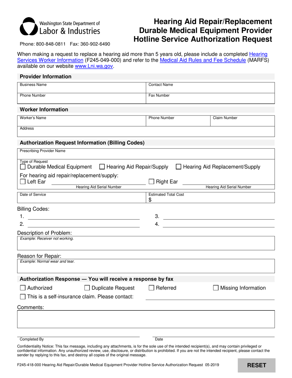 Form F245-418-000 Hearing Aid Repair / Replacement Durable Medical Equipment Provider Hotline Service Authorization Request - Washington, Page 1