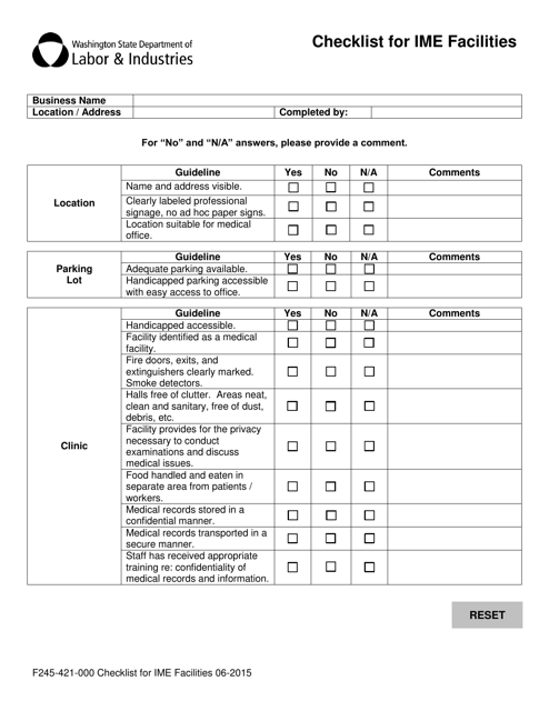 Form F245-421-000 Checklist for Ime Facilities - Washington