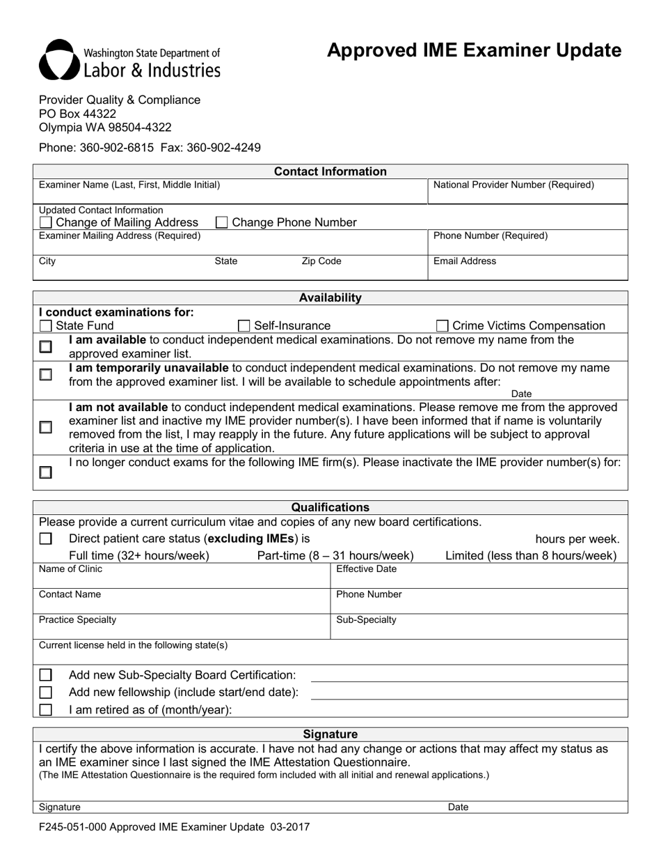 Form F245-051-000 Approved Ime Examiner Update - Washington, Page 1