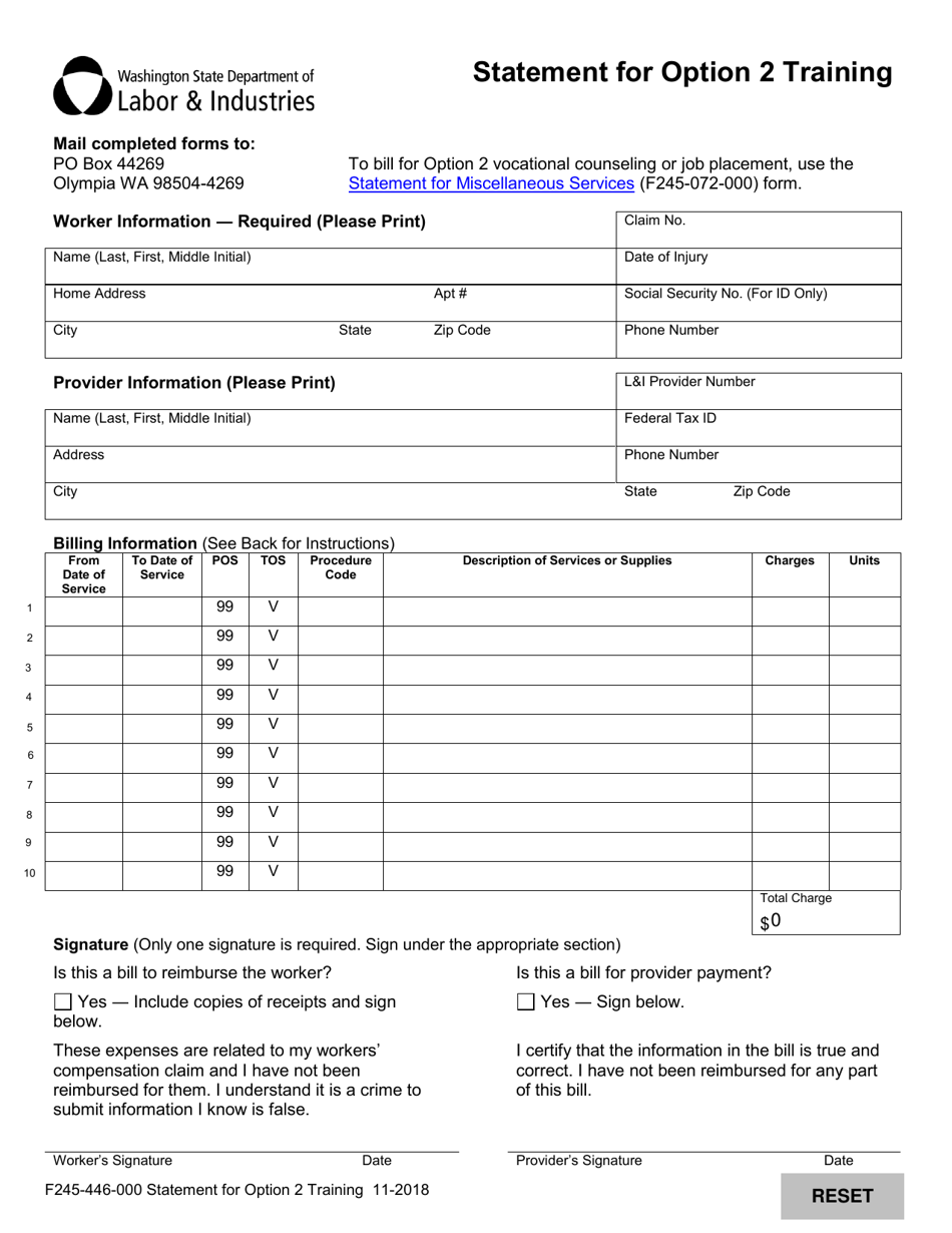 Form F245-446-000 Statement for Option 2 Training - Washington, Page 1
