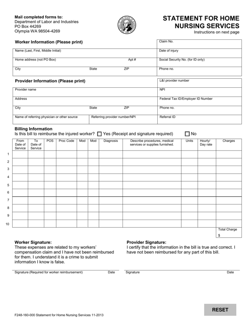 Form F248-160-000 Statement for Home Nursing Services - Washington
