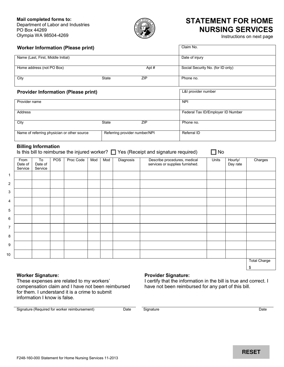 Form F248-160-000 Statement for Home Nursing Services - Washington, Page 1