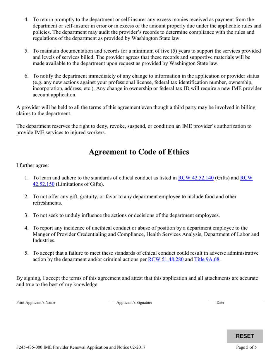 Form F245-435-000 Ime Examiner Renewal Application - Washington, Page 5