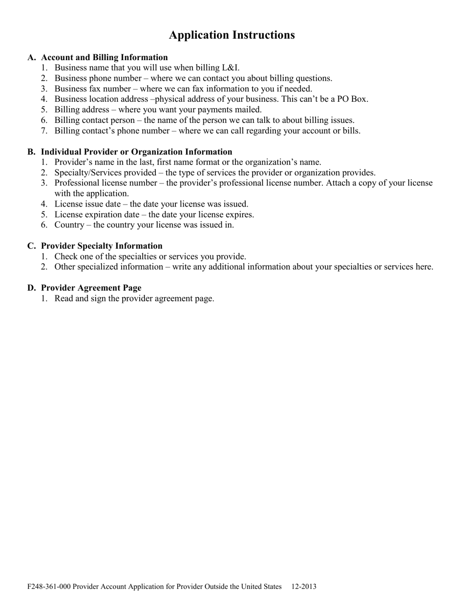 Form F248-361-000 Provider Account Application for Provider Outside the United States - Washington, Page 2