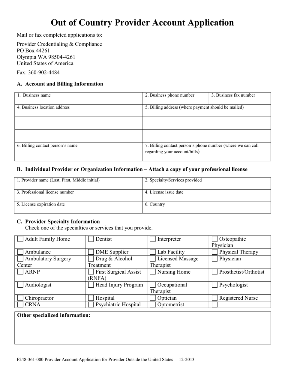 Form F248-361-000 Provider Account Application for Provider Outside the United States - Washington, Page 3