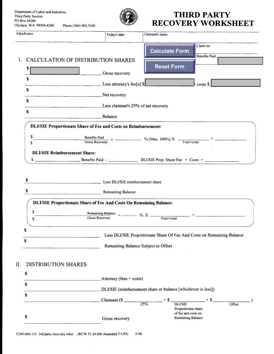 Form F249-006-111 Third Party Recovery Worksheet - Washington, Page 1