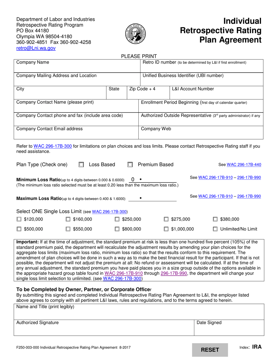 Form F250-003-000 Individual Retrospective Rating Plan Agreement - Washington, Page 1