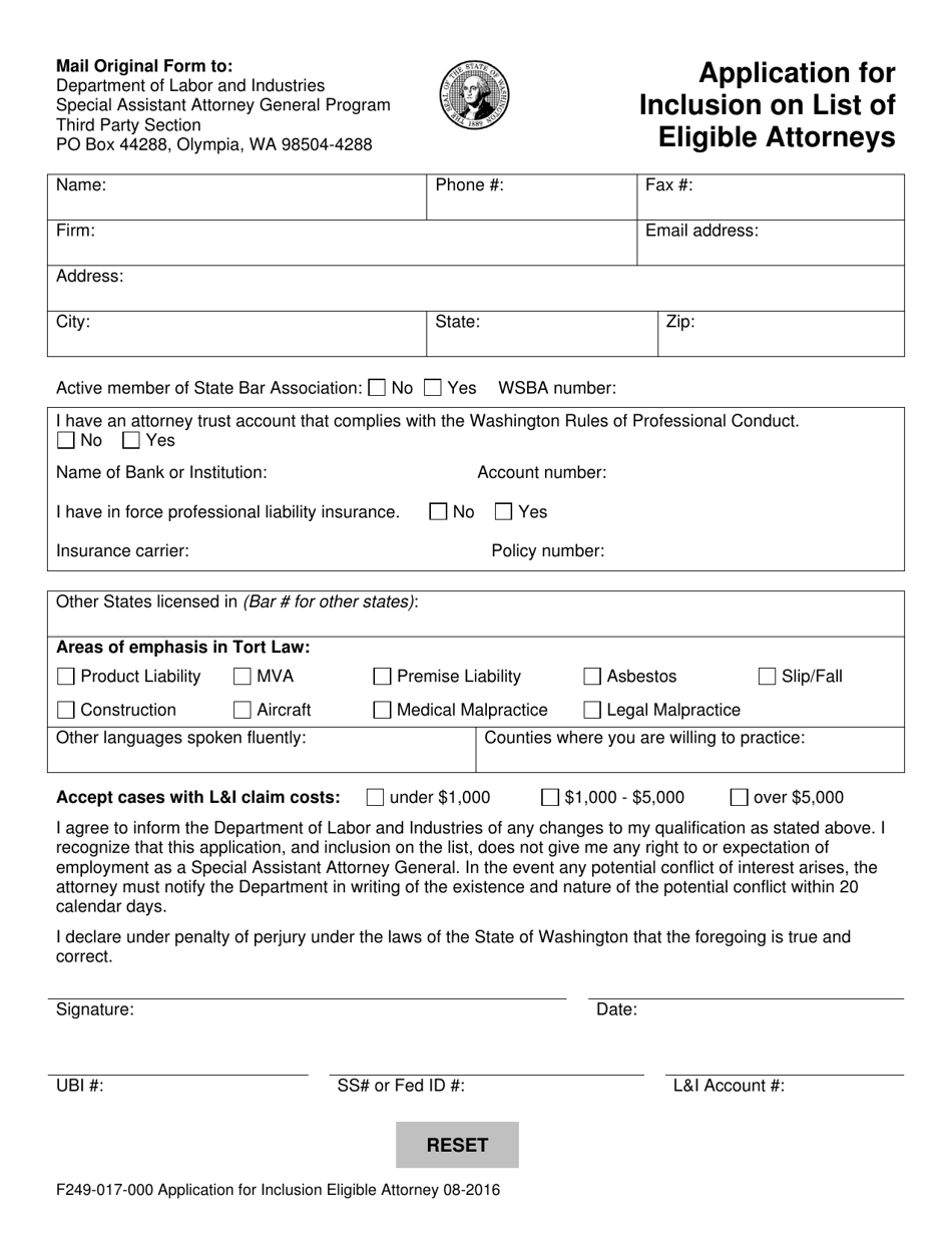 Form F249-017-000 Application for Inclusion on List of Eligible Attorneys - Washington, Page 1