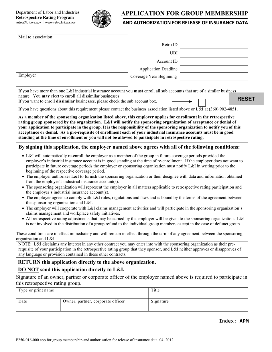 Form F250-016-000 Application for Group Membership and Authorization for Release of Insurance Data - Washington, Page 1