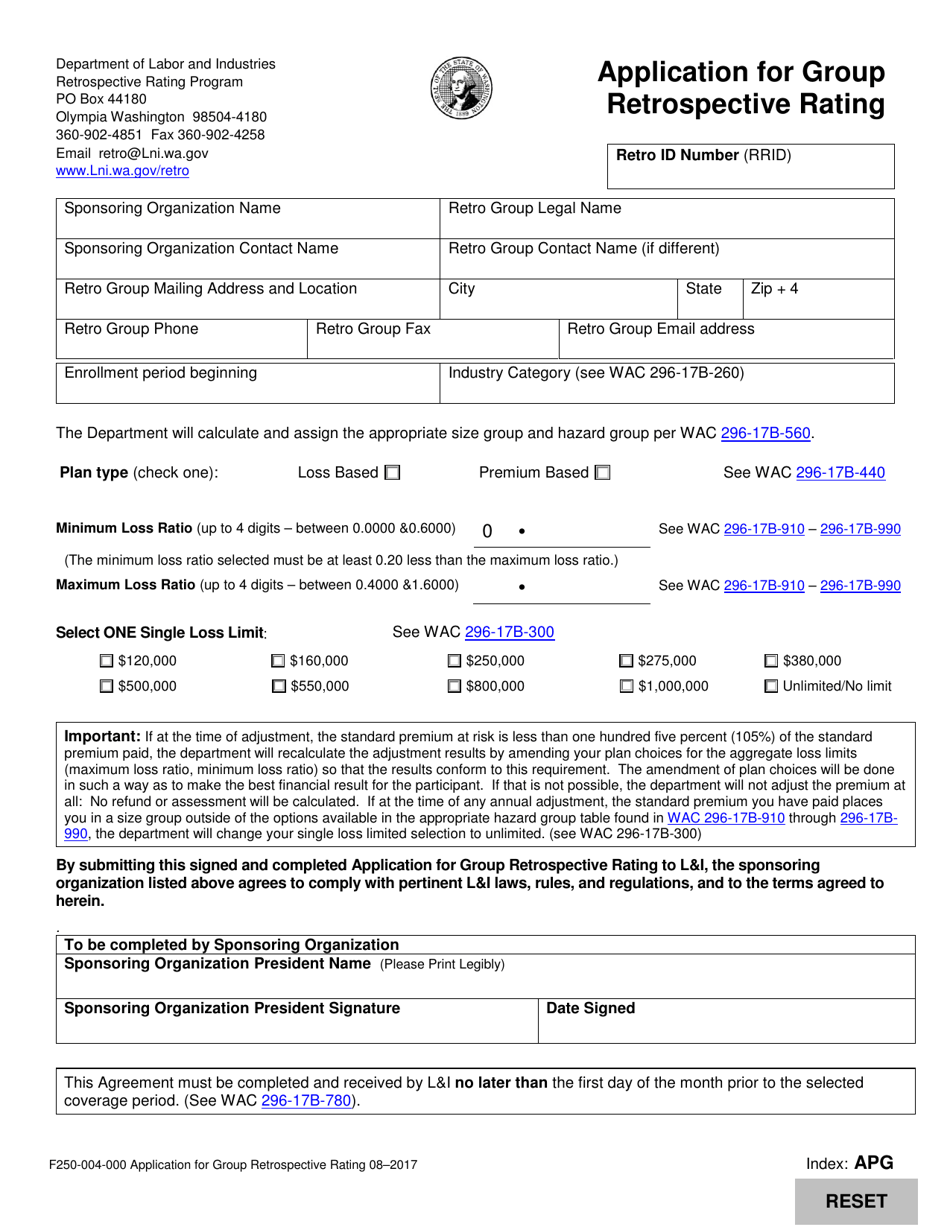 Form F250-004-000 Application for Group Retrospective Rating - Washington, Page 1